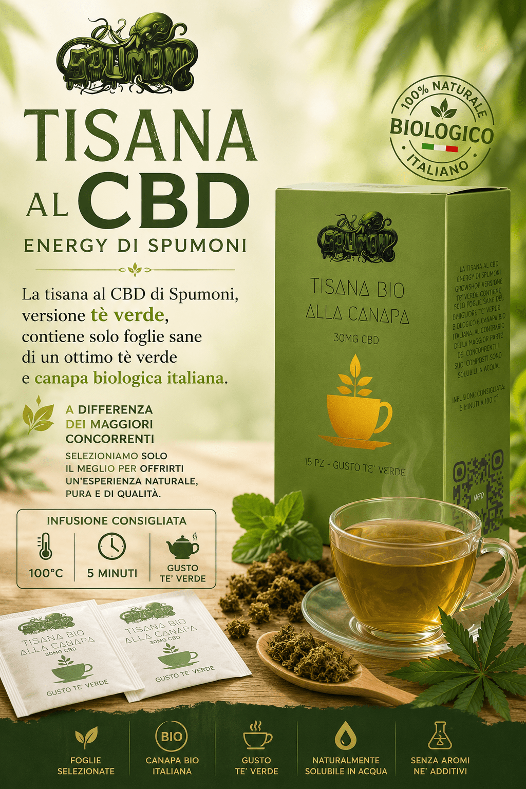 Tisana Bio alla Canapa | Tè Verde | 15 Filtri | Spumoni Growshop - SPUMONI