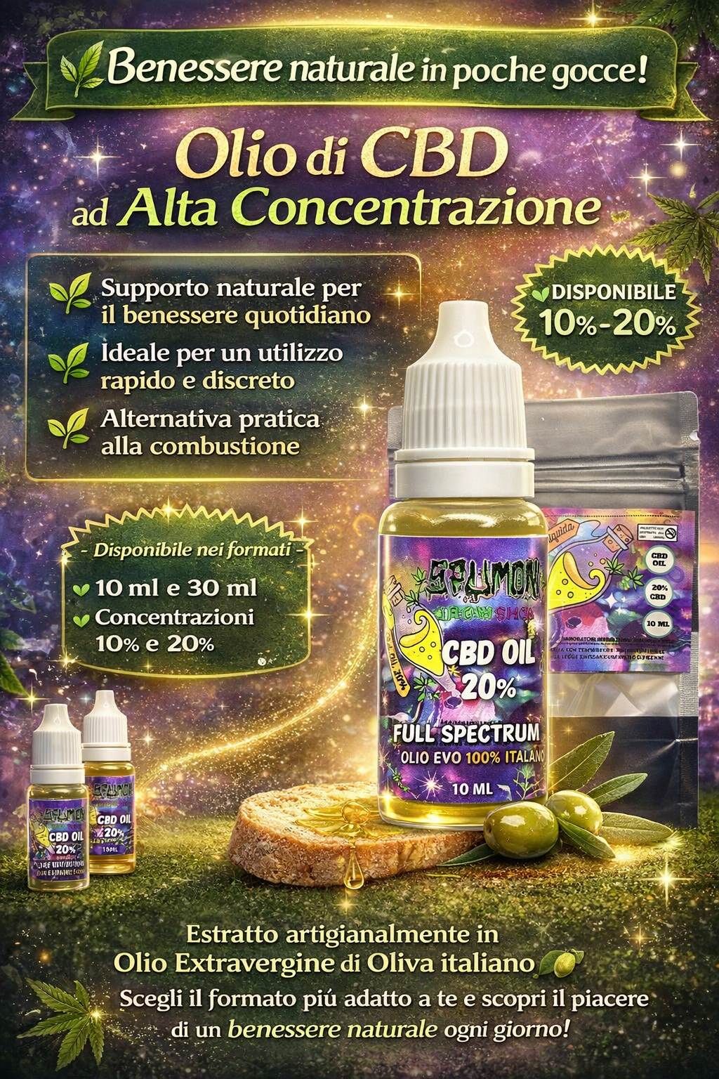 Olio di oliva e canapa, ad alto potenziale di Cbd, diversi formati - SPUMONI
