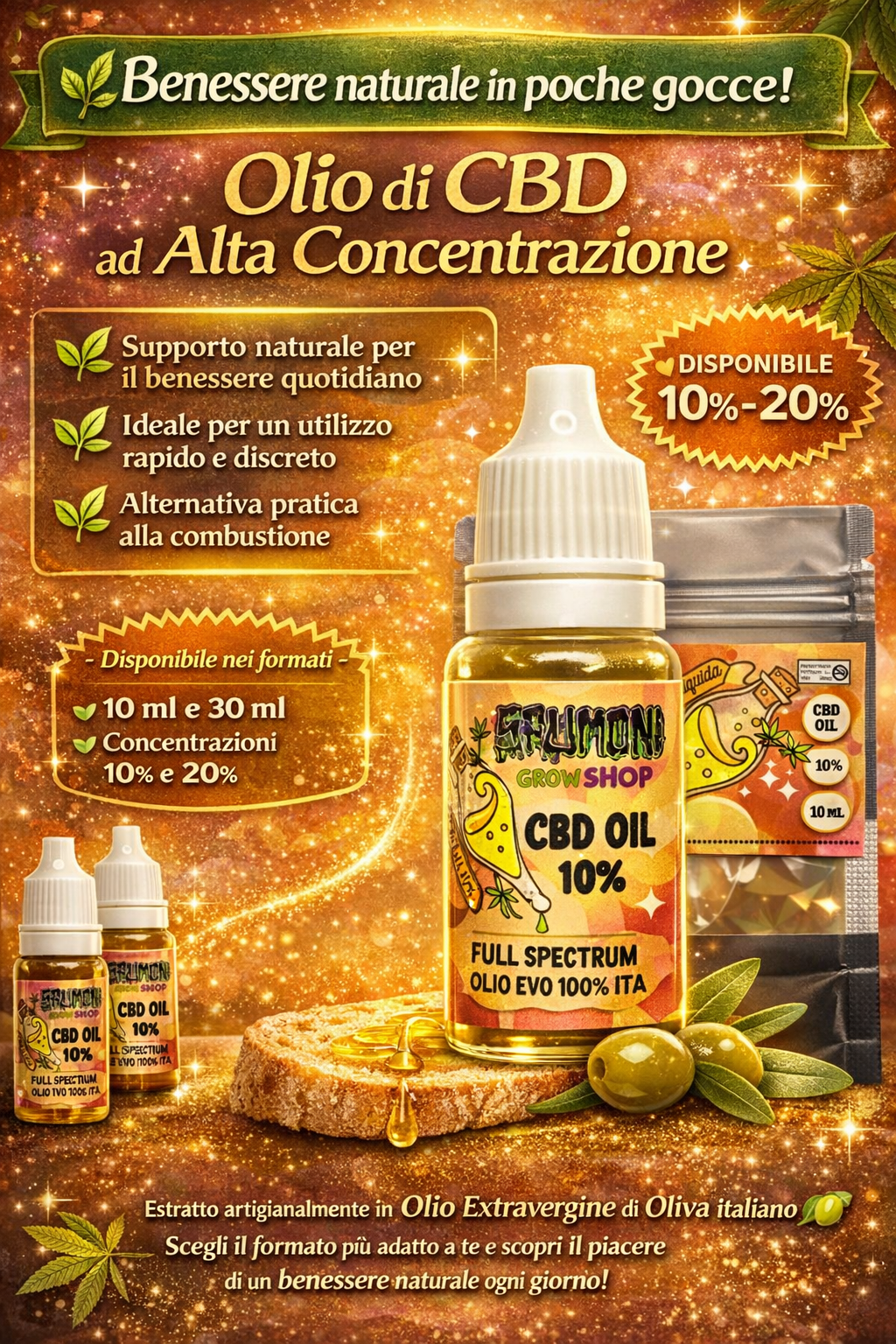 Olio di oliva e canapa, ad alto potenziale di Cbd, diversi formati - SPUMONI